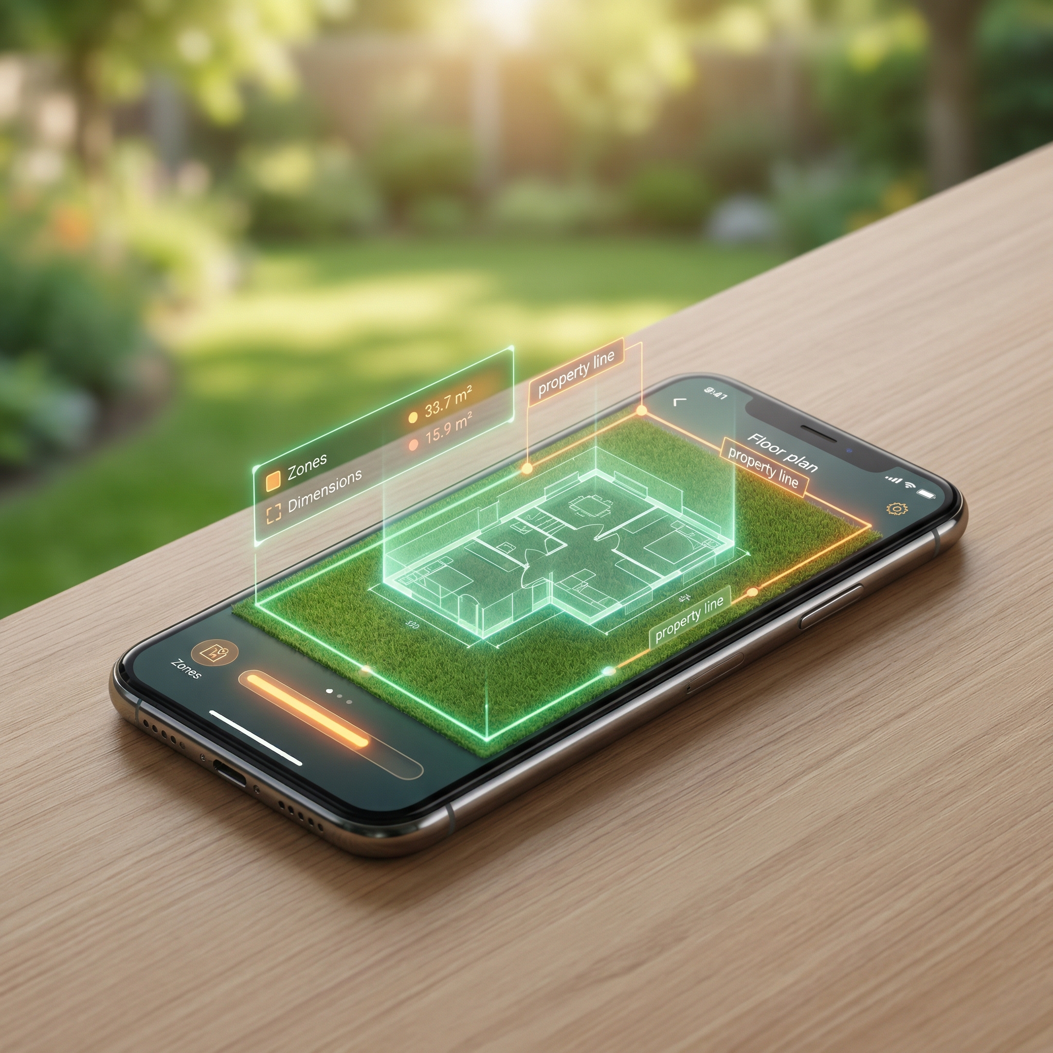 Smartphone showing AR floor plan overlay on property