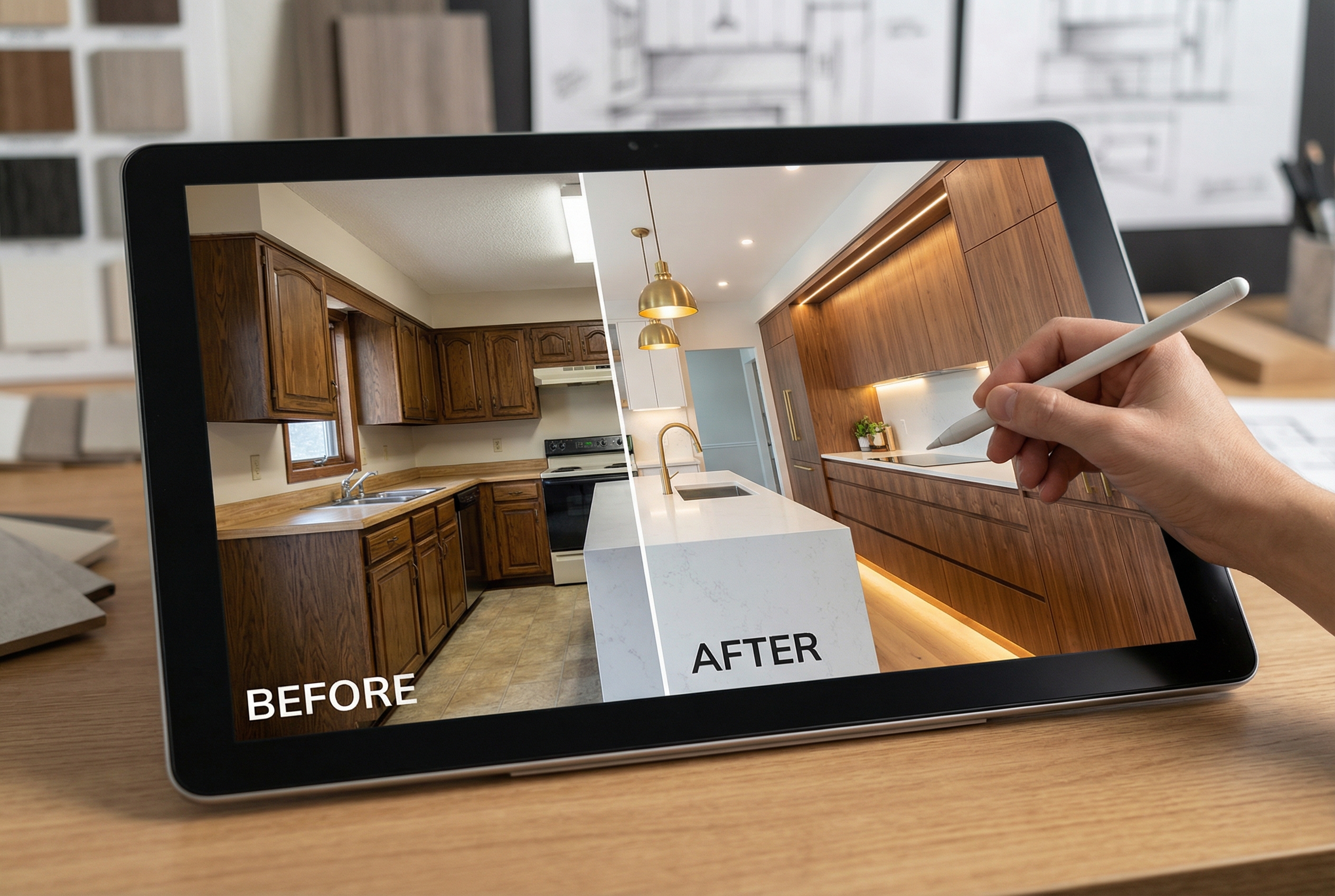 Kitchen before and after renovation shown on a digital tablet