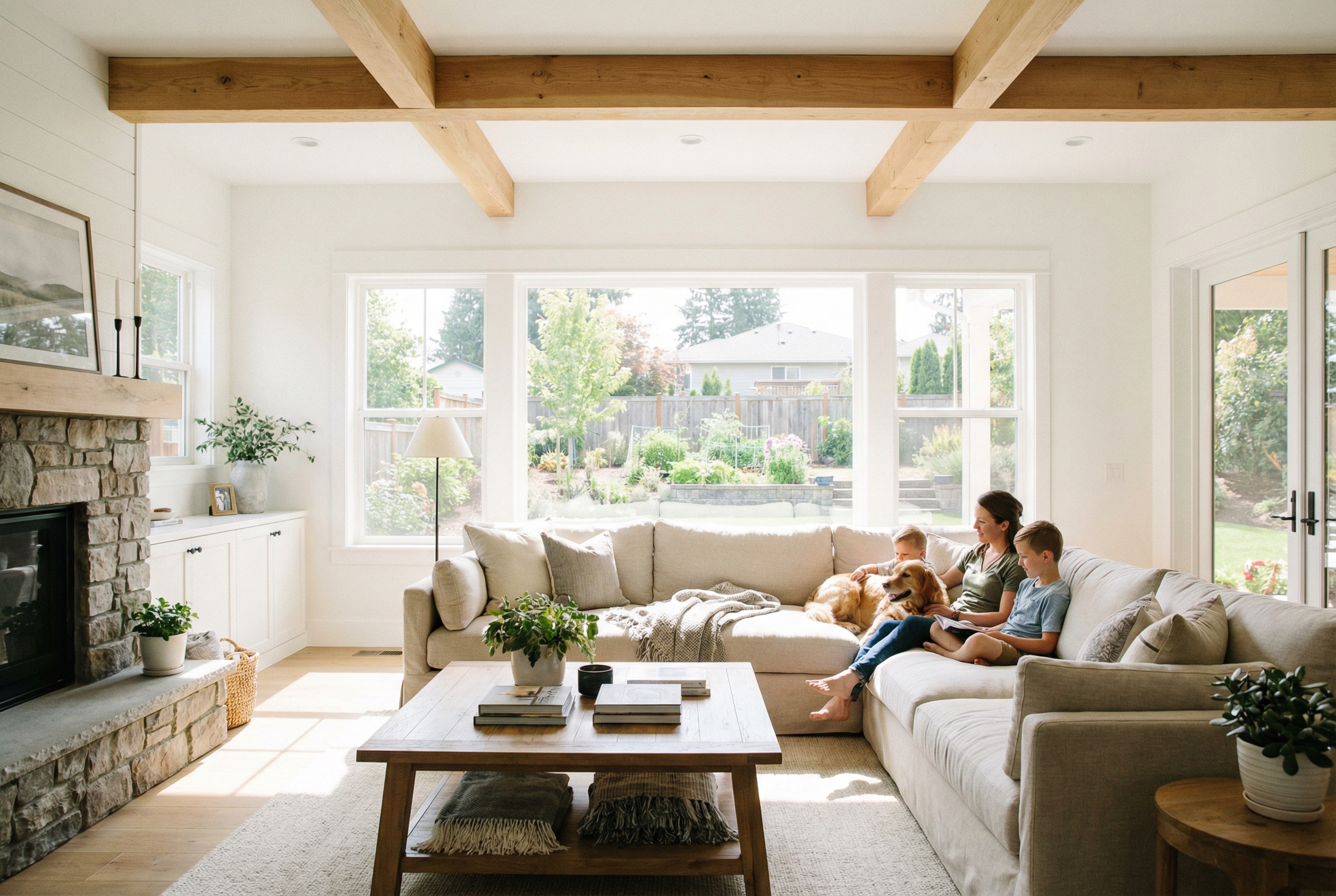 A warm, bright living room with a family relaxing together